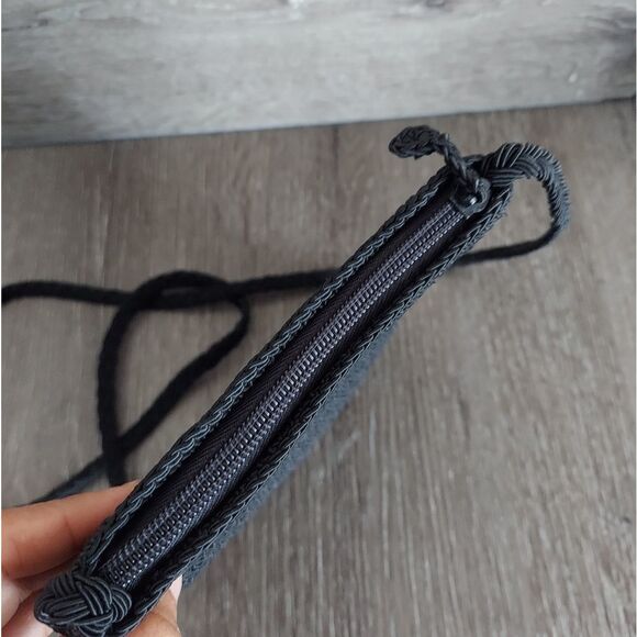 Vintage 90s Black Crocheted Cross Body Bag With Brown Butterfly Detail - Picture 3 of 9